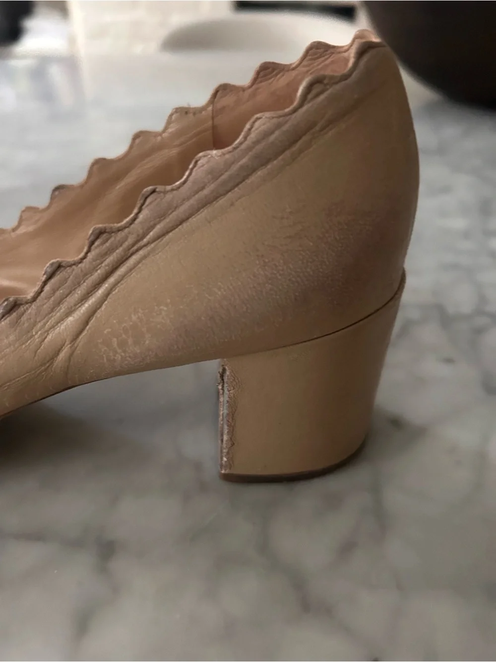 Chloe Scalloped Block Heel Pumps in Nude